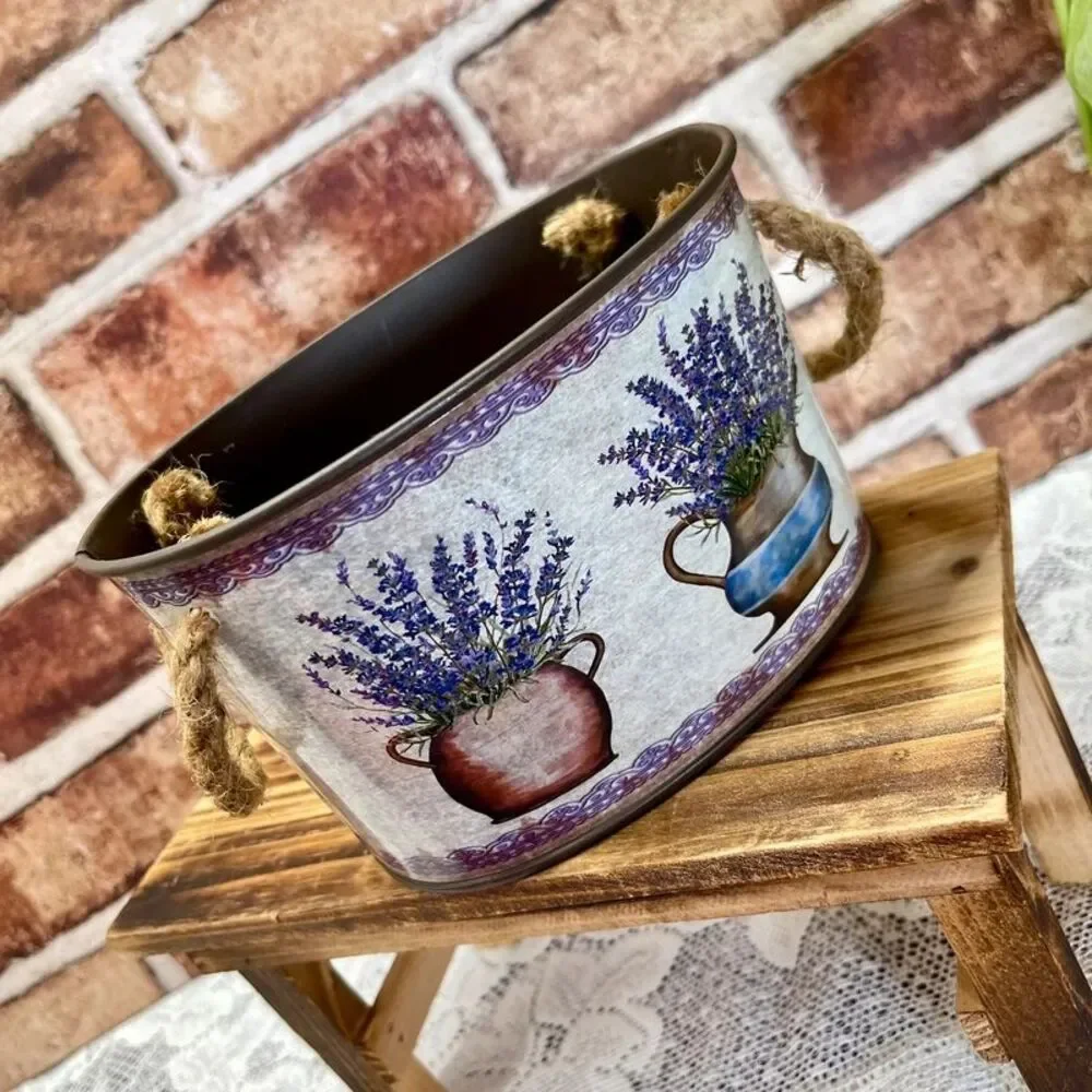 Rustic French Country Style Oval Metal Bucket Planter Lavender Floral & Rope Han